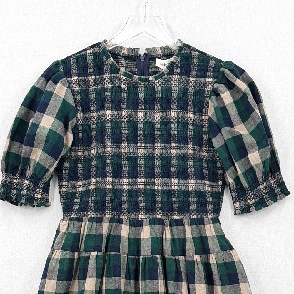BOHME Emmett Plaid Mini Dress Women Medium Navy Green Smocked Puff Sleeve Tiered - Picture 6 of 16